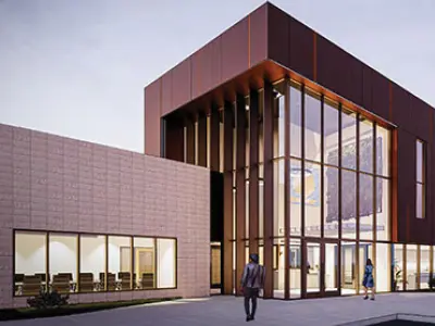 Rendering of new buildings with glass entry